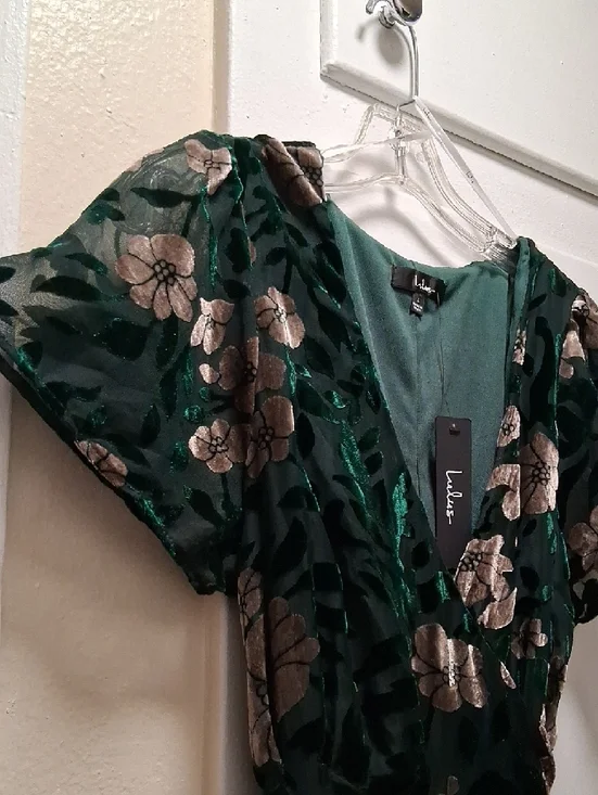 Lulu's Emerald Green Velvet Floral Wrap Maxi Dress with Metallic Accents - Picture 5 of 13